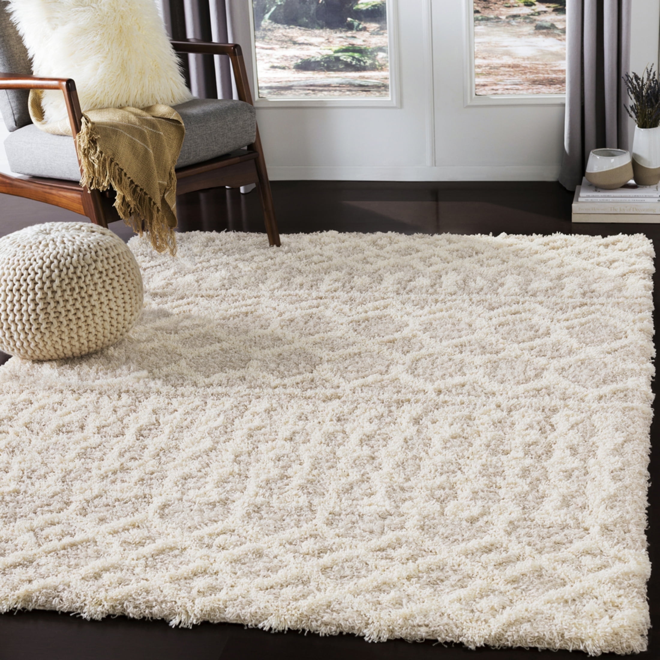 Beige Moroccan Shag Area Rug with High-Low Texture