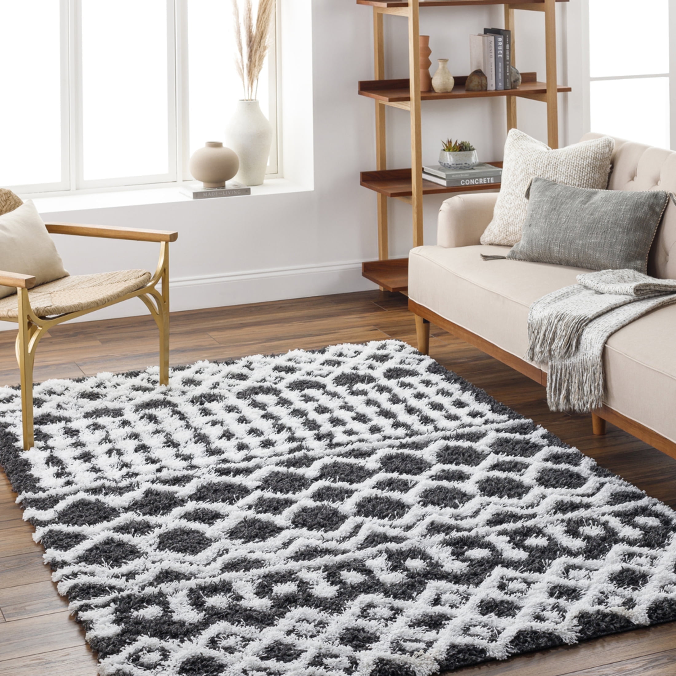 Livabliss Area Rugs for Living Room, 7x9 Urban Shag Global Black Rug, Bedroom Dining Room Home Decor Stain Resistant Carpet (6'7" x 9'6")