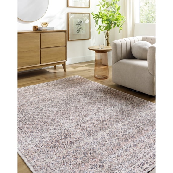 Livabliss Washable Rugs for Living Room, 7x9 Vinny Traditional Beige Area Rug, Bedroom Dining Room Home Decor Stain Resistant Carpet (6'7" x 9')