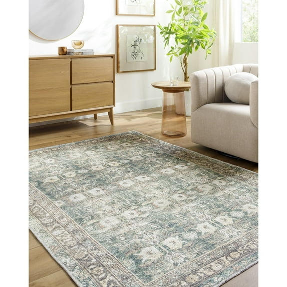 Livabliss Washable Rugs for Living Room, 7x9 Vinny Traditional Medium Green Area Rug, Bedroom Dining Room Home Decor Stain Resistant Carpet (6'7" x 9')