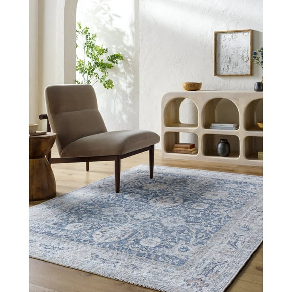 Livabliss Washable Rugs for Living Room, 7x9 Vinny Traditional Dark Blue Area Rug, Bedroom Dining Room Home Decor Stain Resistant Carpet (6'7" x 9')