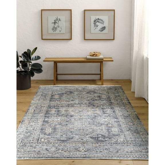 Livabliss x Becki Owens Margaret Medallion Washable Area Rug,5'3" x 7'10",Navy/Gray