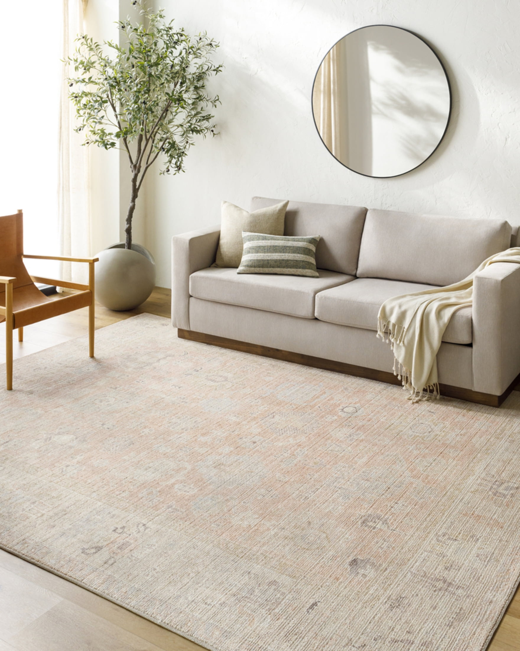 Vintage Pink and Tan Machine Woven Polyester Area Rug