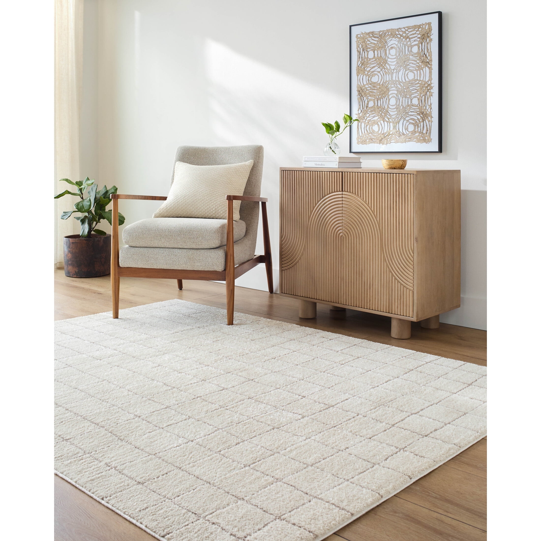 Ivory and Taupe High Pile Grid Area Rug