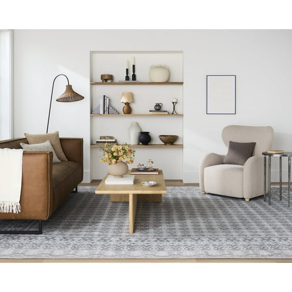 Livabliss x Our PNW Home Rainier Cottage Border Washable Area Rug, 10' x 14', White/Pale Blue