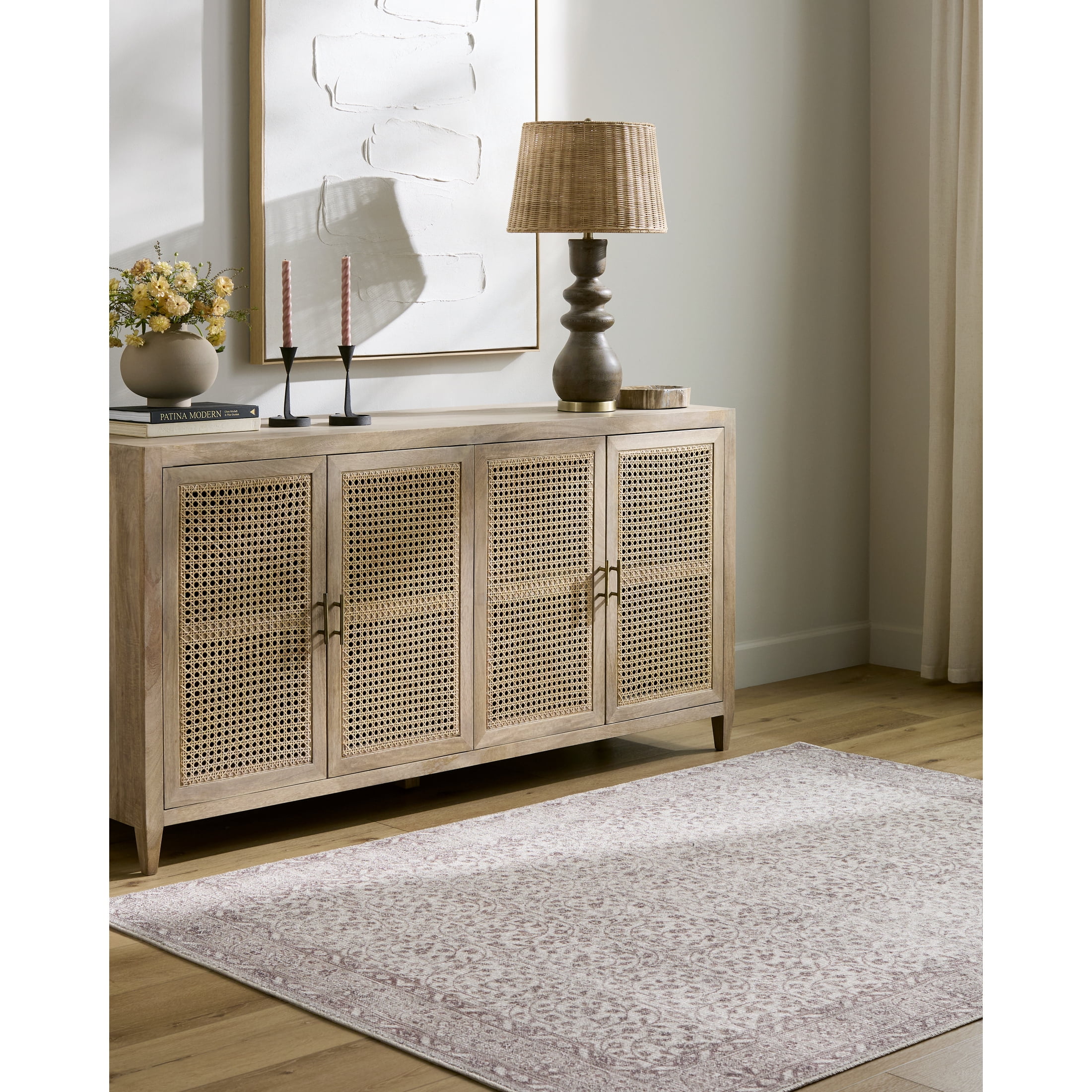 Cream and Medium Brown Stain-Resistant Synthetic Rectangular Area Rug