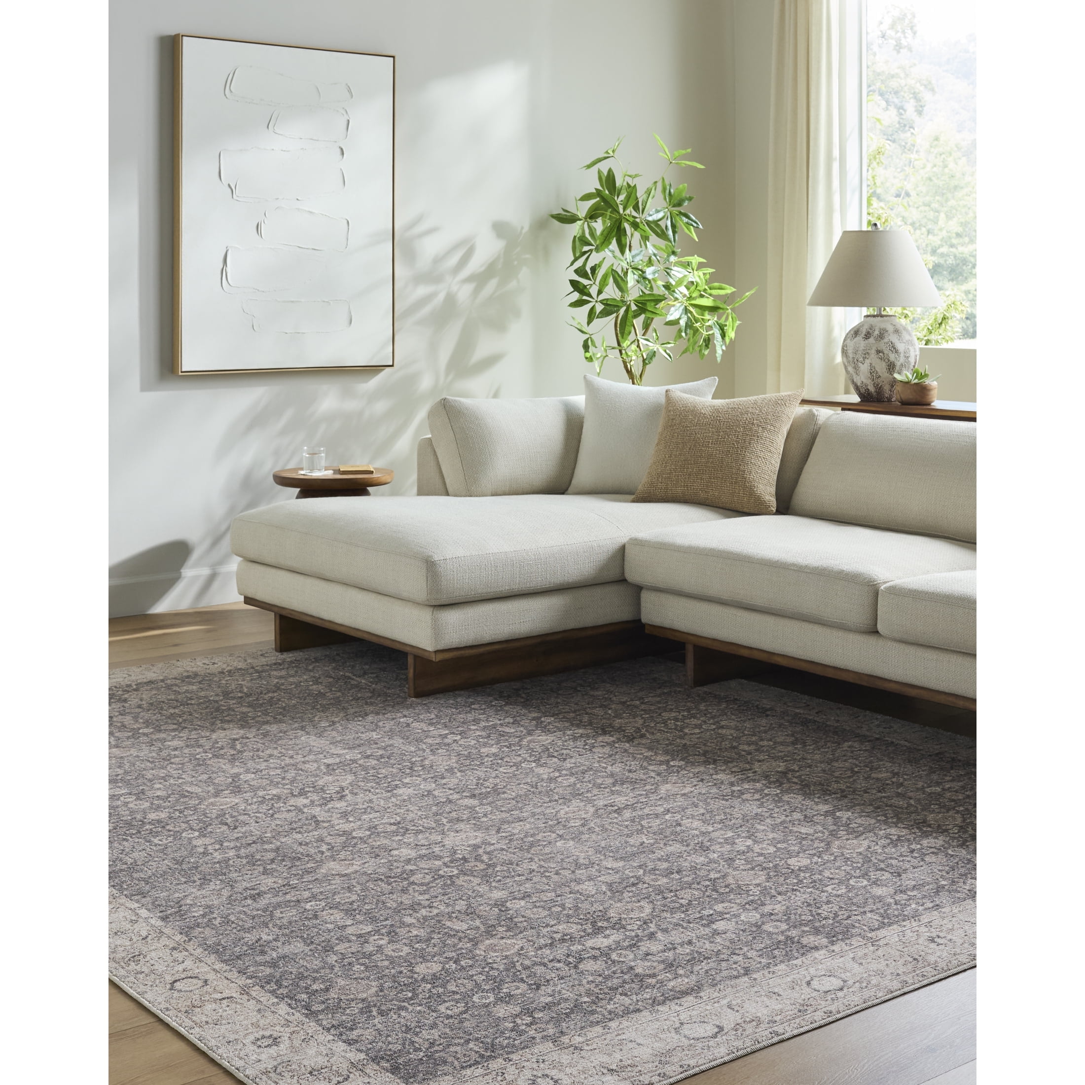 Charcoal and Tan Synthetic Vintage Floral Area Rug 5'2" x 7'