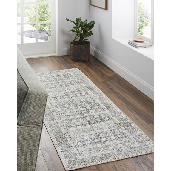 Livabliss x Vivir Lorelai Vintage Washable Runner Area Rug, 2'7" x 10', Ivory/Brown, (3' x 10')