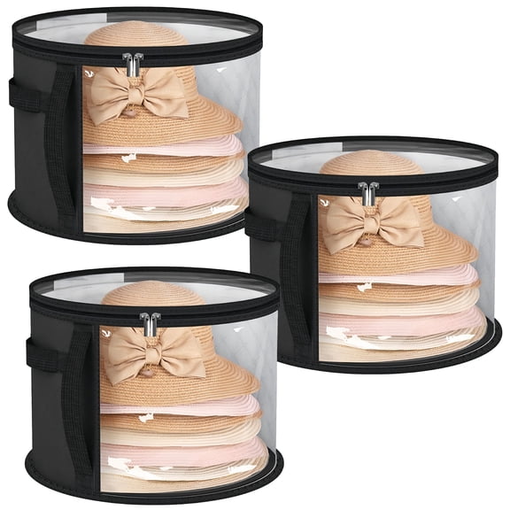 Livara 3 Pack Hat Box Large Capacity Round Foldable Hat Storage BoxDouble Opening Zipper Dust-Proof with Visible Window for Travel Home Dorm Storage