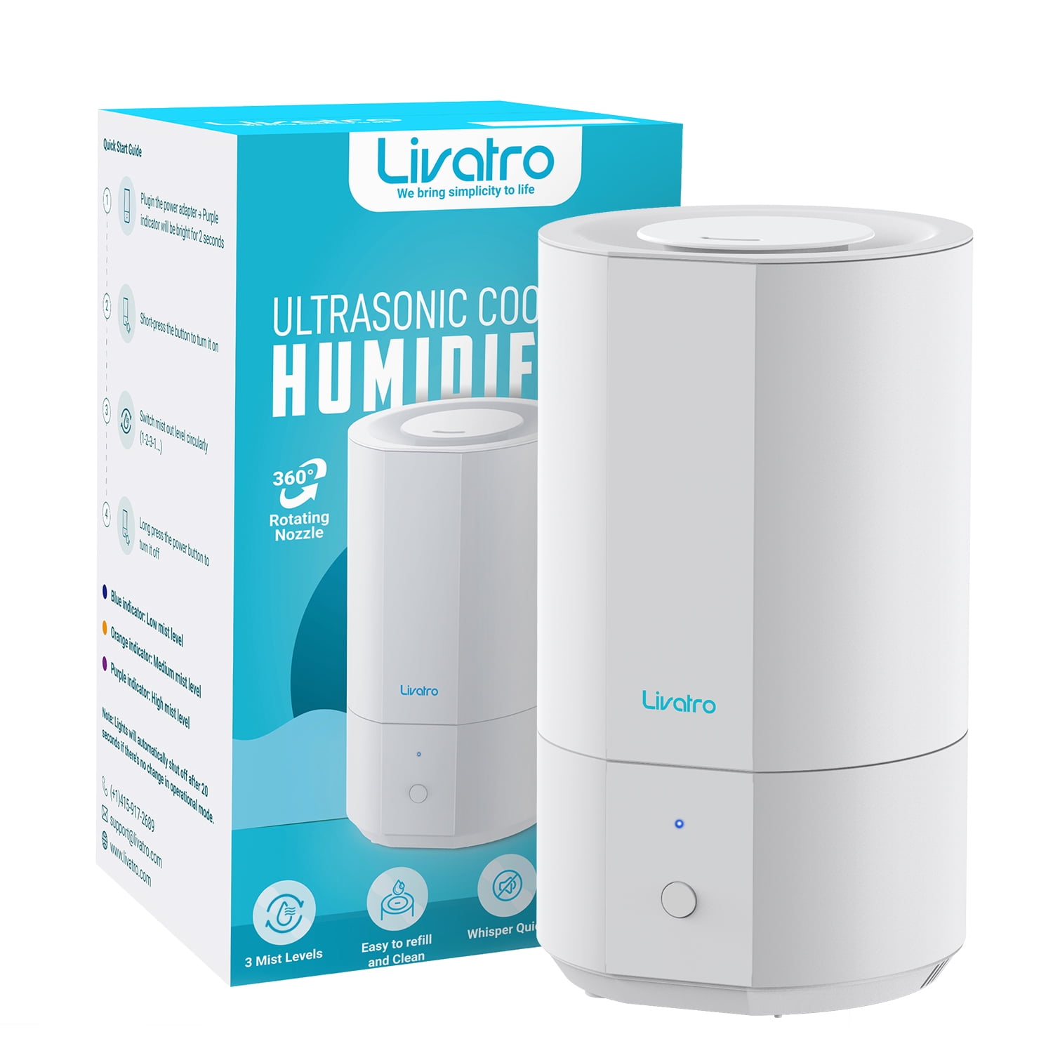 Livatro Humidifiers for Bedroom Quiet Easy Clean, 4L Top Fill Cool Mist