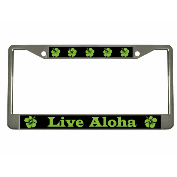 Live Aloha with Hibiscus Flower Style Metal License Plate Frame Personalized/Car Accessories Car Tag Holder Cover (Chrome/Black/Lime Green)