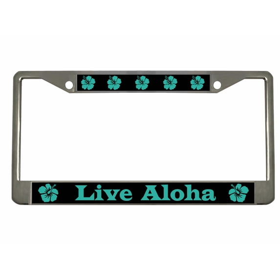 Live Aloha with Hibiscus Flower Style Metal License Plate Frame Personalized/Car Accessories Car Tag Holder Cover (Chrome/Black/Turquoise)