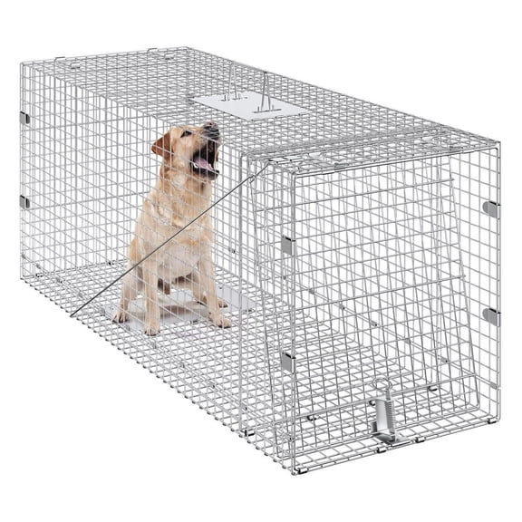 Live Animal Trap 42" - Humane Cat Trap for Stray Dogs, Raccoons, Foxes - Galvanized Iron Folding Cage with Handle
