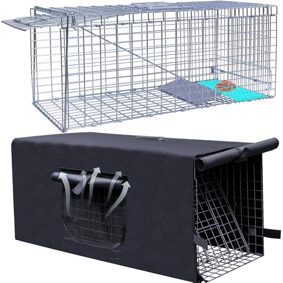 Live Animal Trap Cage with Cover, Cat Trap for Stray Cats 32 Inch Heavy Duty Folding Skunk Traps with Real Door for Raccoons, Opossums, Groundhogs, Skunks, Feral Cats, Squirrels-(32 x 10 x 12 inches)