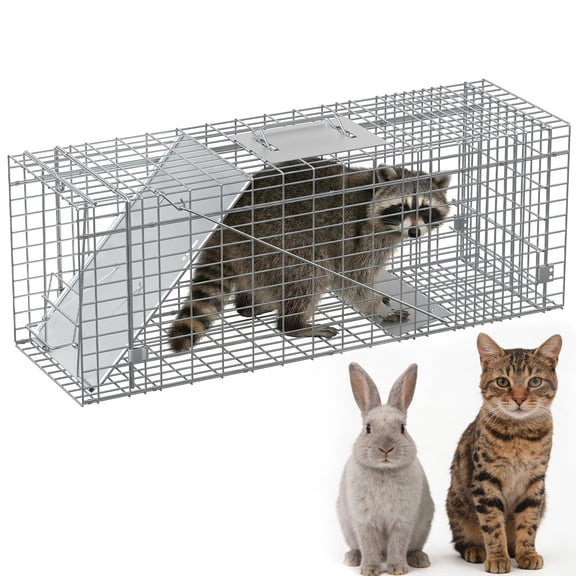 Live Animal Trap Cage for Raccoons, Stray Cats, Rabbits, Skunks, Groundhogs – Large Humane 2-Door Collapsible Steel with Sensitive Trigger & Carry Handle