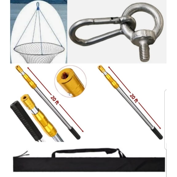 Live Bait Hoop Net and Landing Net with 10FT Retractable Stainless Steel Pole Handle, Net Clip Attachment, 5" Hook Gaff, 3-Teeth Harpoon Spear, Chum Bag with Drop Rope, and Carrying Case