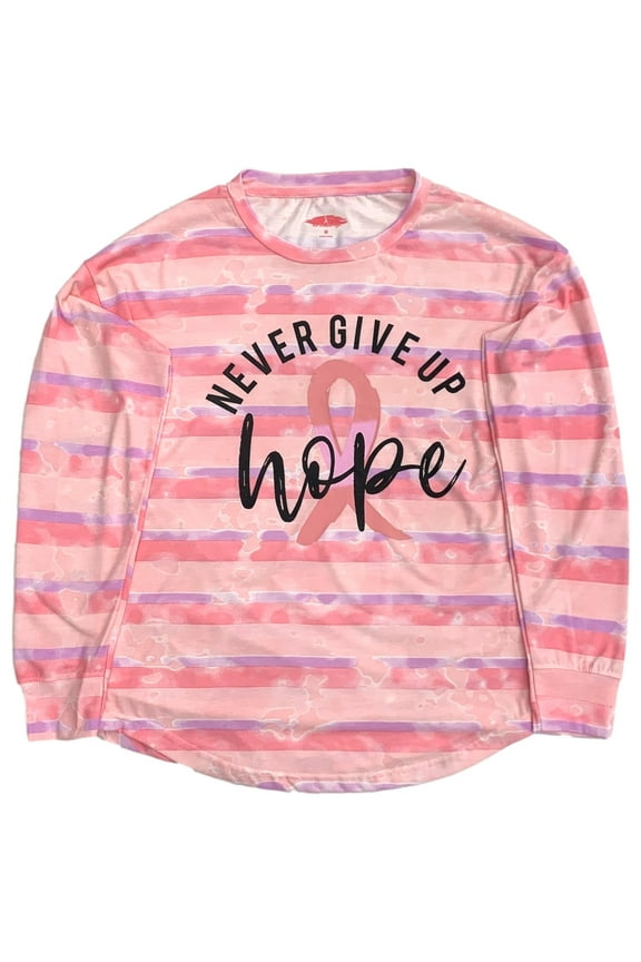 Womens Long Pink Stripe Breast Cancer Tee Shirt Small