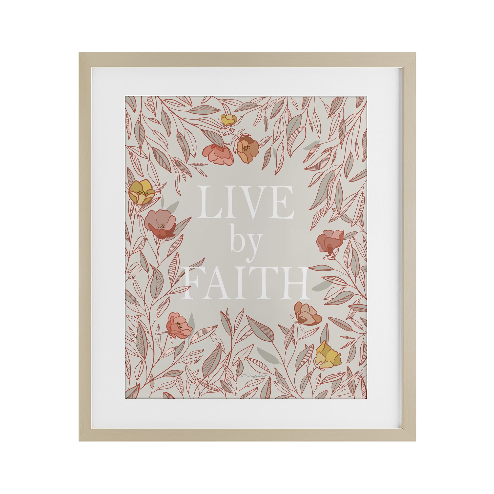 Live By Faith Rosy Florals Birch Framed Print Under Glass, design by Kelley Talent