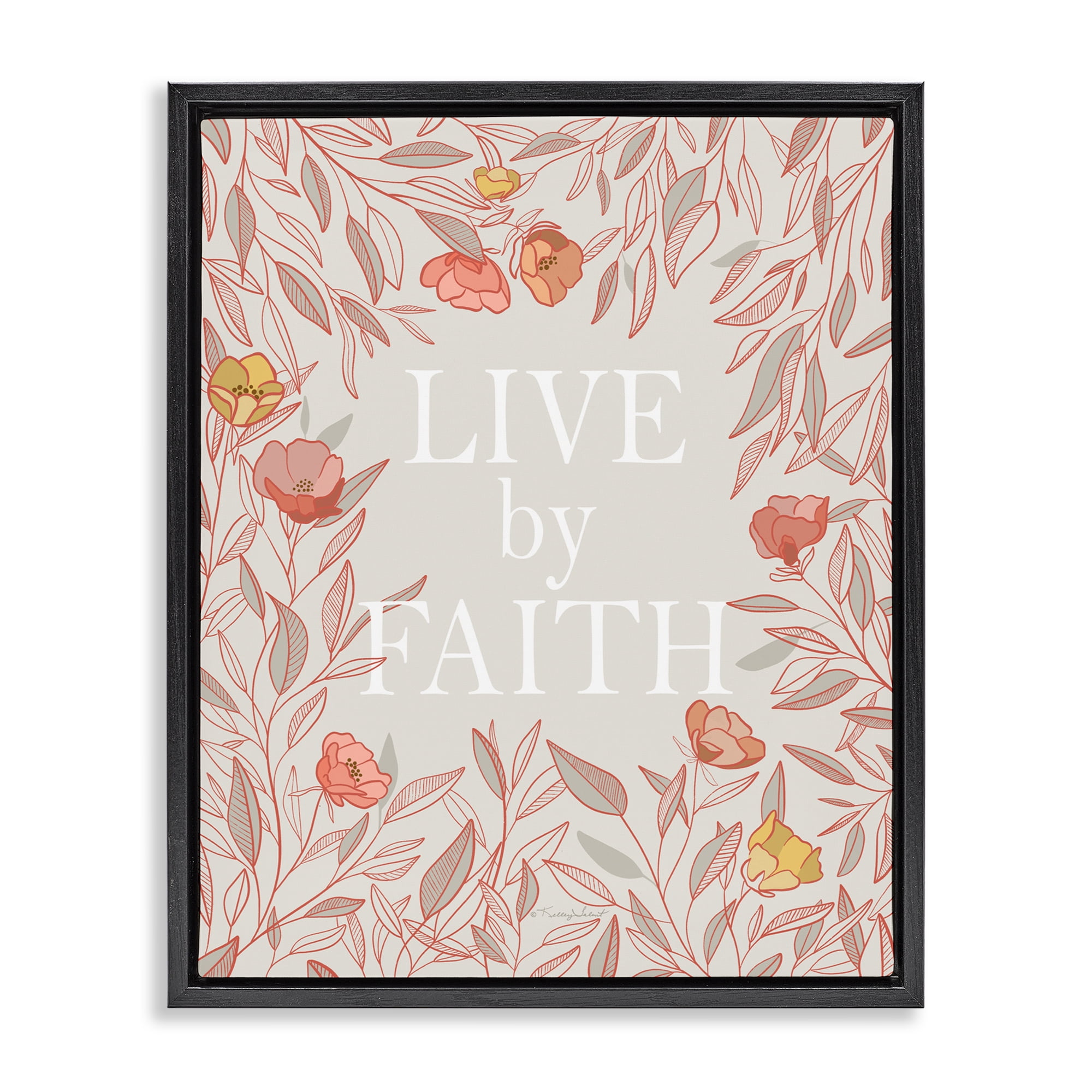 Live By Faith Rosy Florals Black Framed Floater Canvas Wall Art, design by Kelley Talent