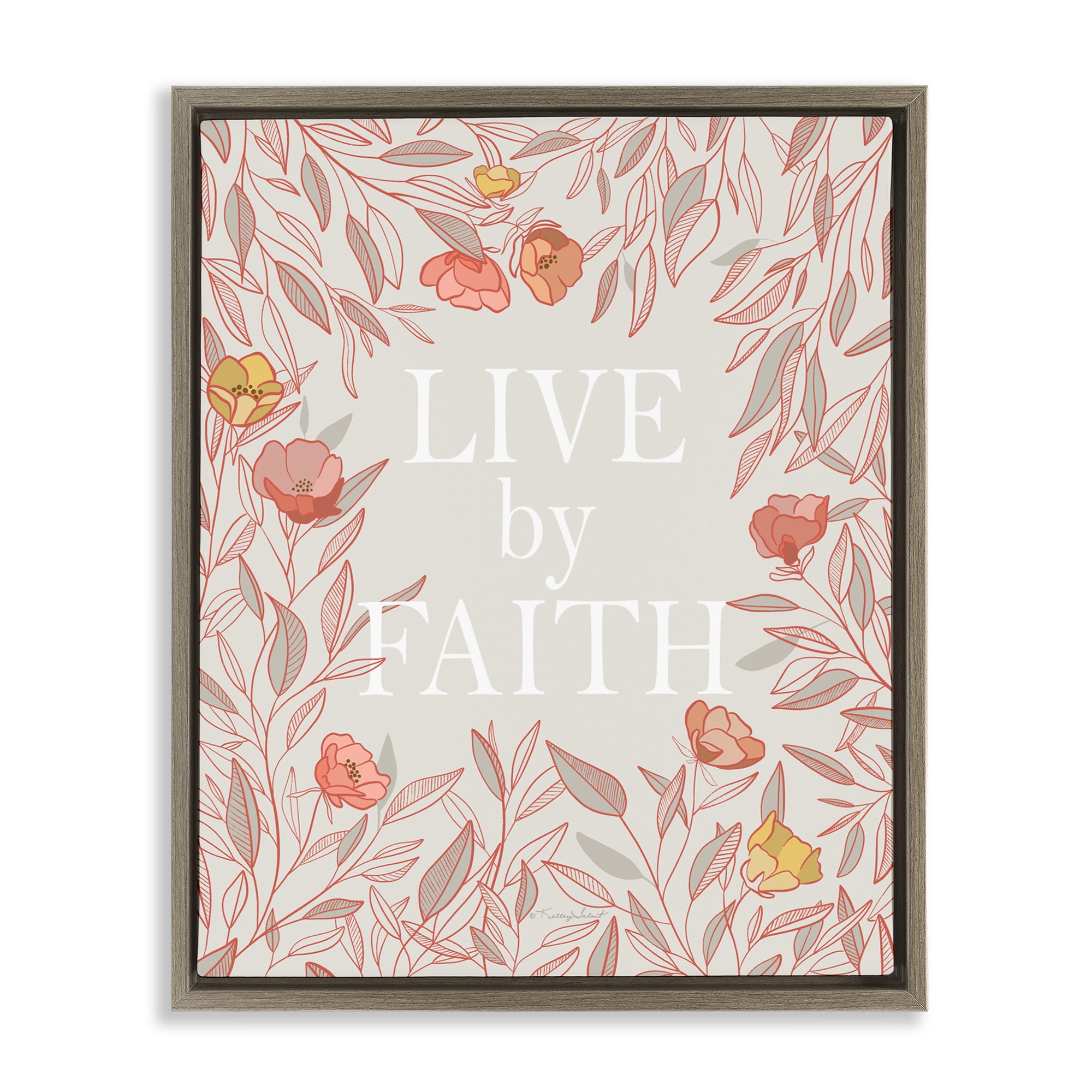 Live By Faith Rosy Florals Brown Framed Floater Canvas Wall Art, design by Kelley Talent