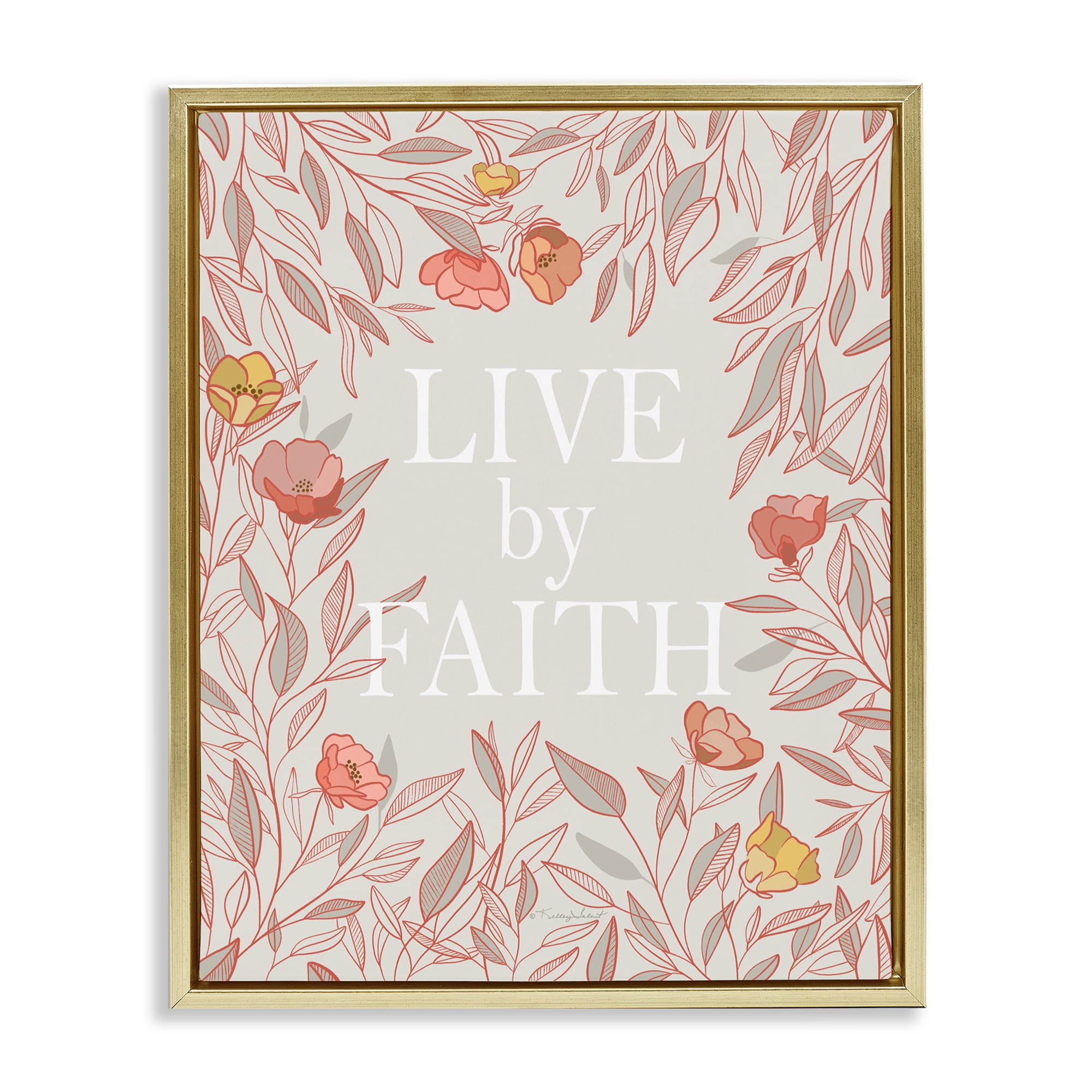 Live By Faith Rosy Florals Gold Framed Floater Canvas Wall Art, design by Kelley Talent