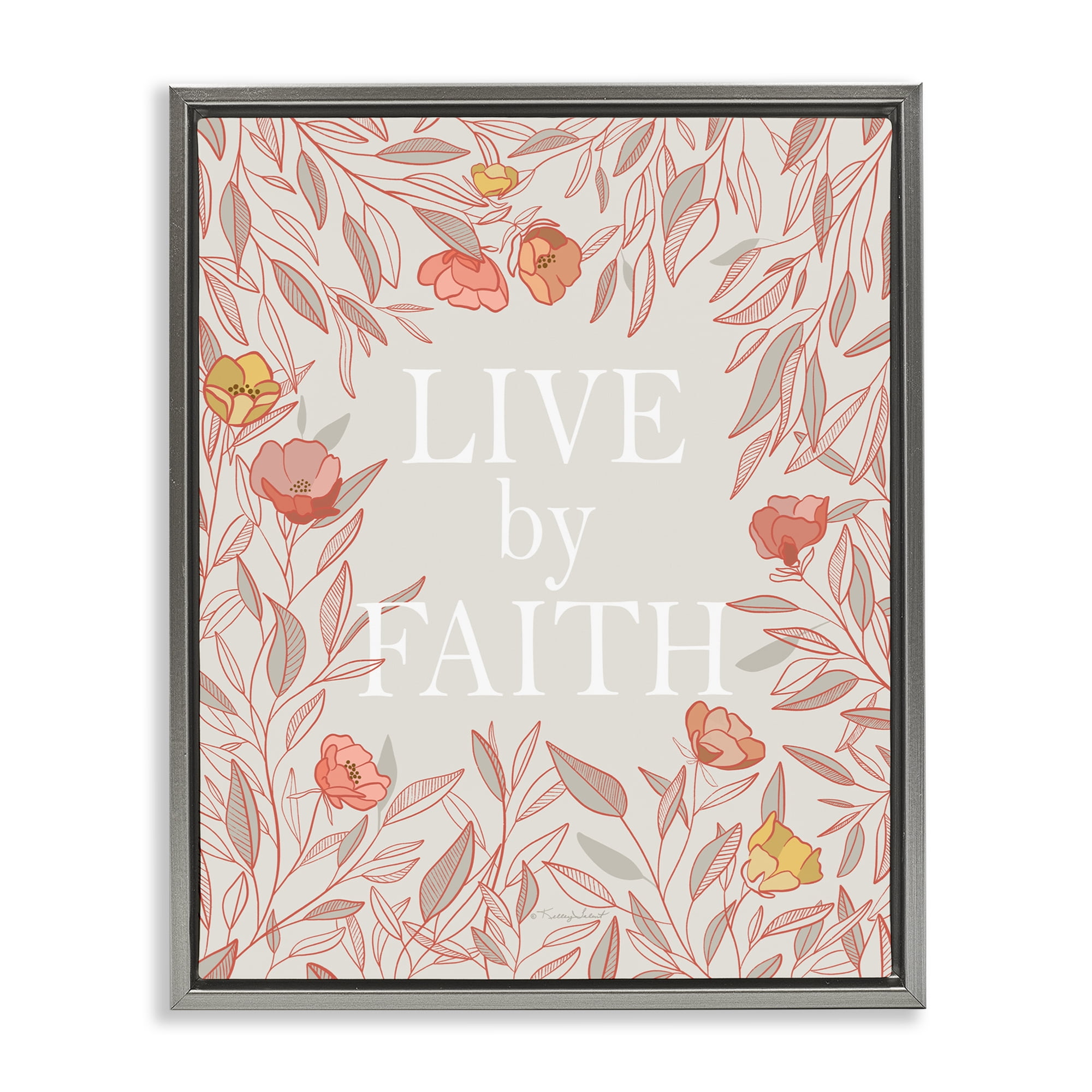 Live By Faith Rosy Florals Gray Framed Floater Canvas Wall Art, design by Kelley Talent