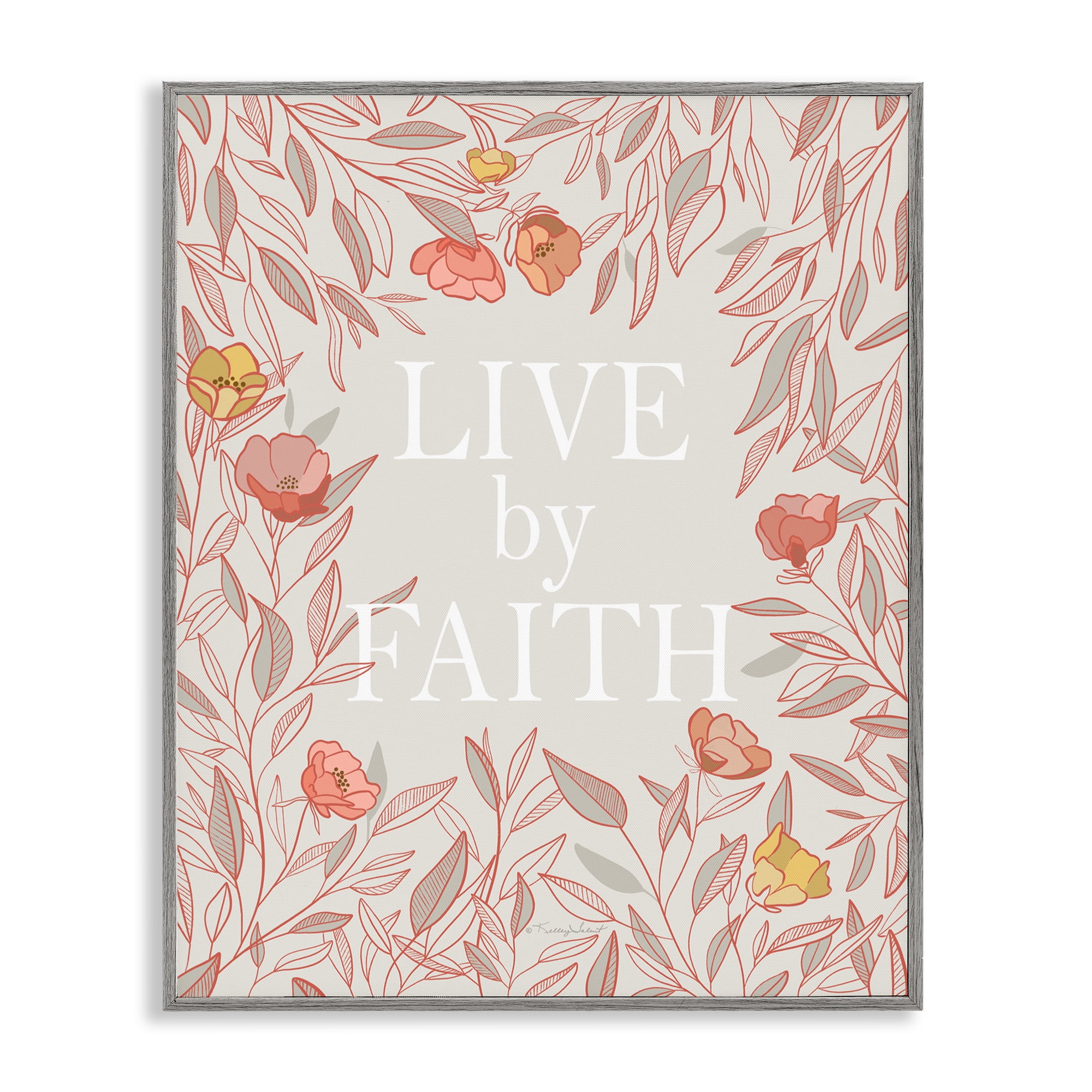 Live By Faith Rosy Florals Gray Framed Giclee Art, design by Kelley Talent