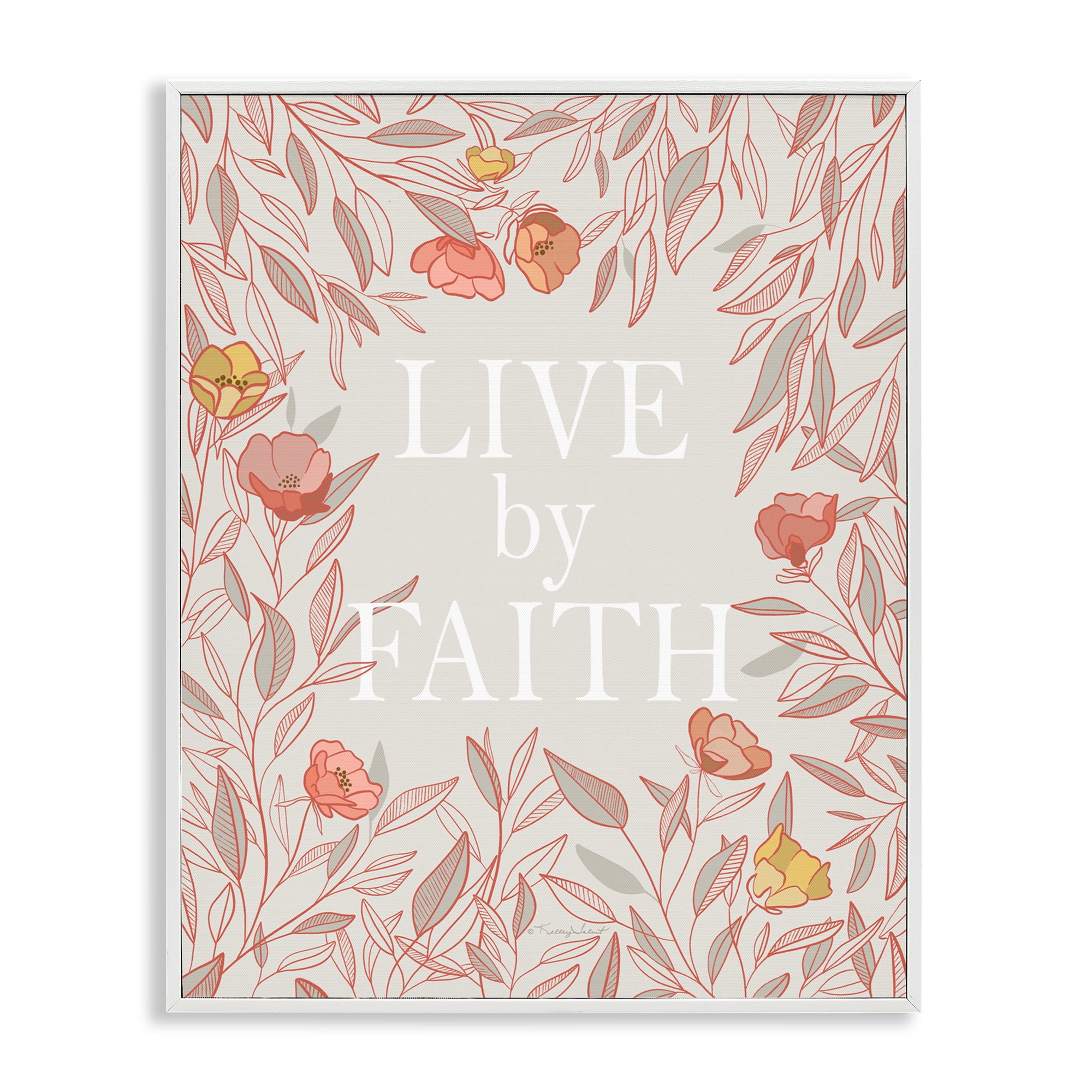 Live By Faith Rosy Florals White Framed Giclee Art, design by Kelley Talent