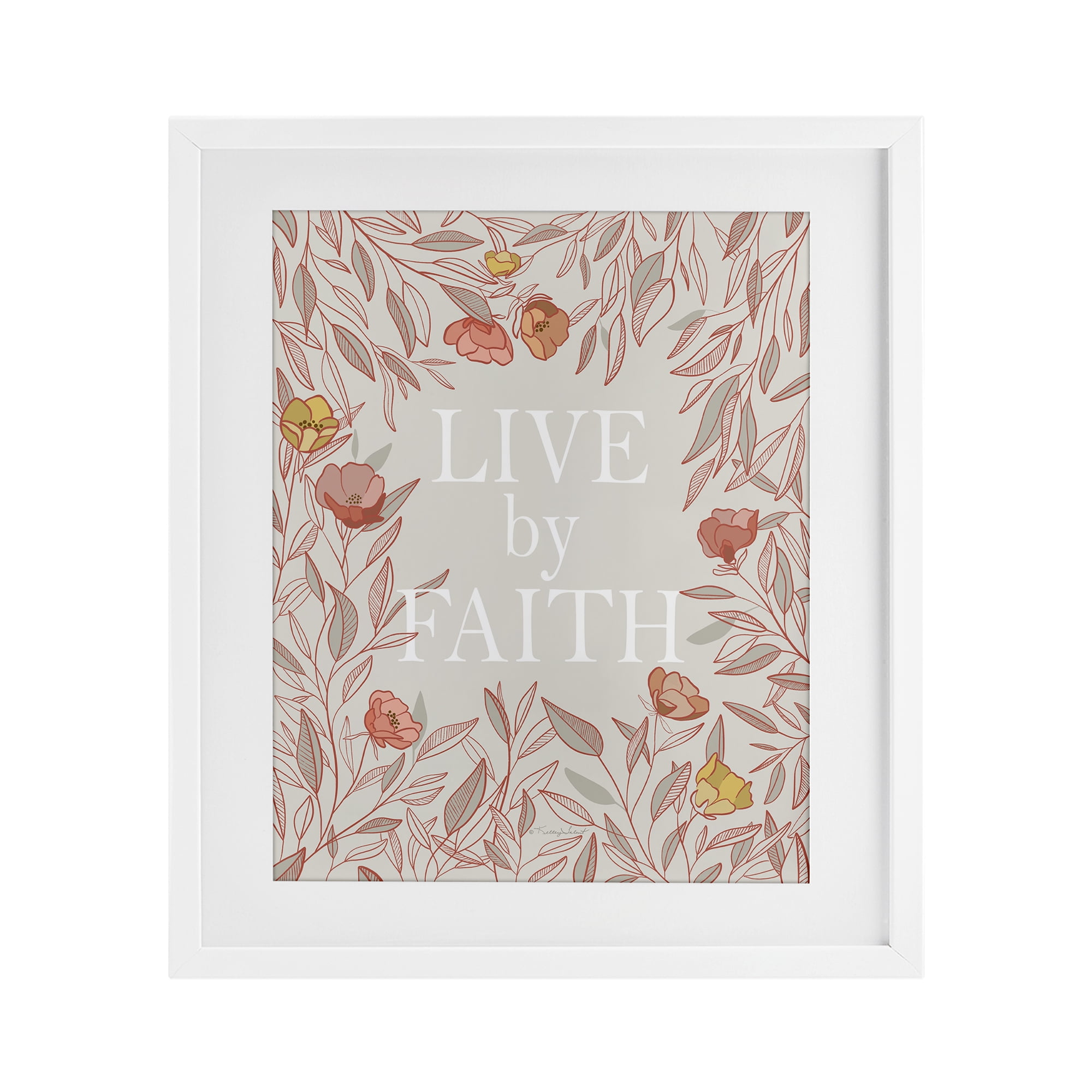 Live By Faith Rosy Florals White Framed Print Under Glass, design by Kelley Talent