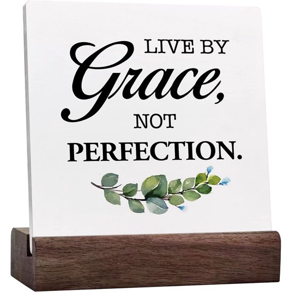 Live By Grace Not Perfection Rustic Sign Decor Desk Sign,Prayer Religious Christian Ceramic Table Sign For Christian Home Office Shelf Table Decor Decorations