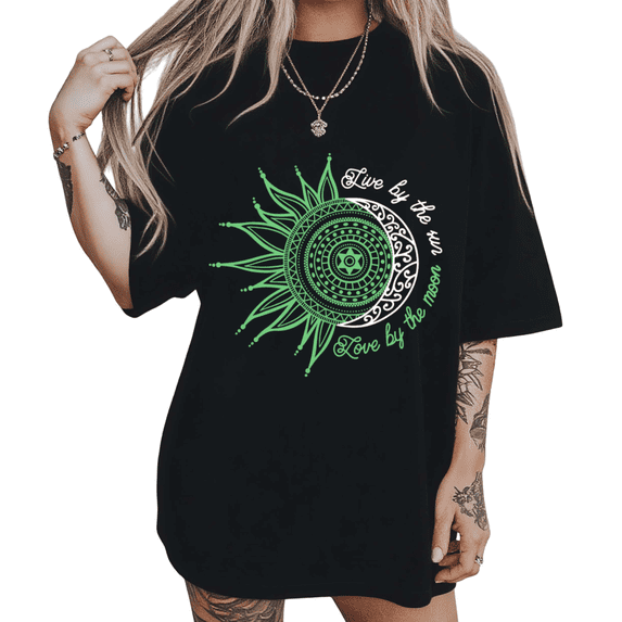 Live By Sun Love By Moon Green Sun Moon Mandala Graphic Short Sleeve T-Shirt Crewneck Black Tops