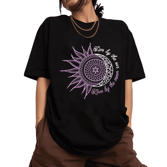 Live By The Sun Love By The Moon Graphic Short Sleeve T-Shirt Crewneck Black Tops