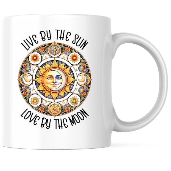 Live By The Sun Love By The Moon Coffee Mug - Mystical Magical Spiritual Hippie - 11 Ounce Coffee Mug - Printed On Both Sides - Microwave & Dishwasher Safe - White Handle & Interior - BMCM00784