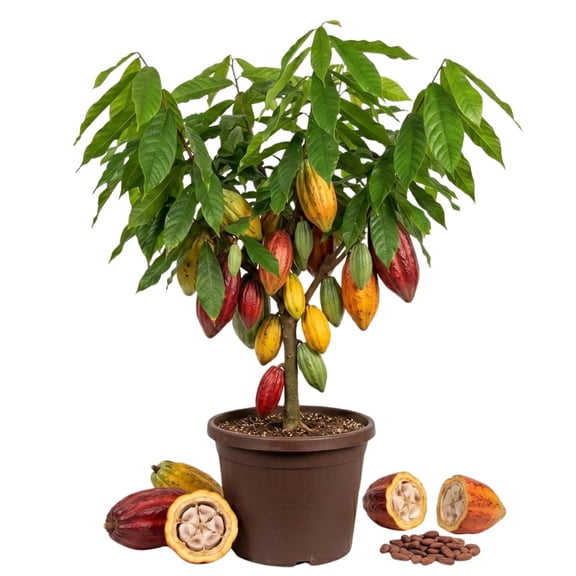 Live Cacao Tree Plant in Half Gallon Pot, Chocolate Tree, 8-10 Inches Tall, Tropical Fruit Tree for Tropical Garden and Container Growing