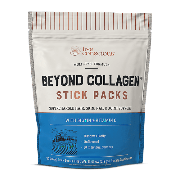 Live Conscious Beyond Collagen Peptides Packets - Hydrolyzed Collagen Packets To Go - Grass-Fed Collagen for Women & Men - Biotin and Collagen with Vitamin C - Hair Skin Nail & Joint Support (30 Pack)