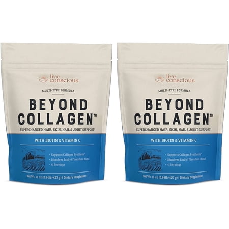 Live Conscious Beyond Collagen Powder with Biotin & Vitamin C, Unflavored, Multi-Type I, II, III, V & X, 41 Servings (2-pack)