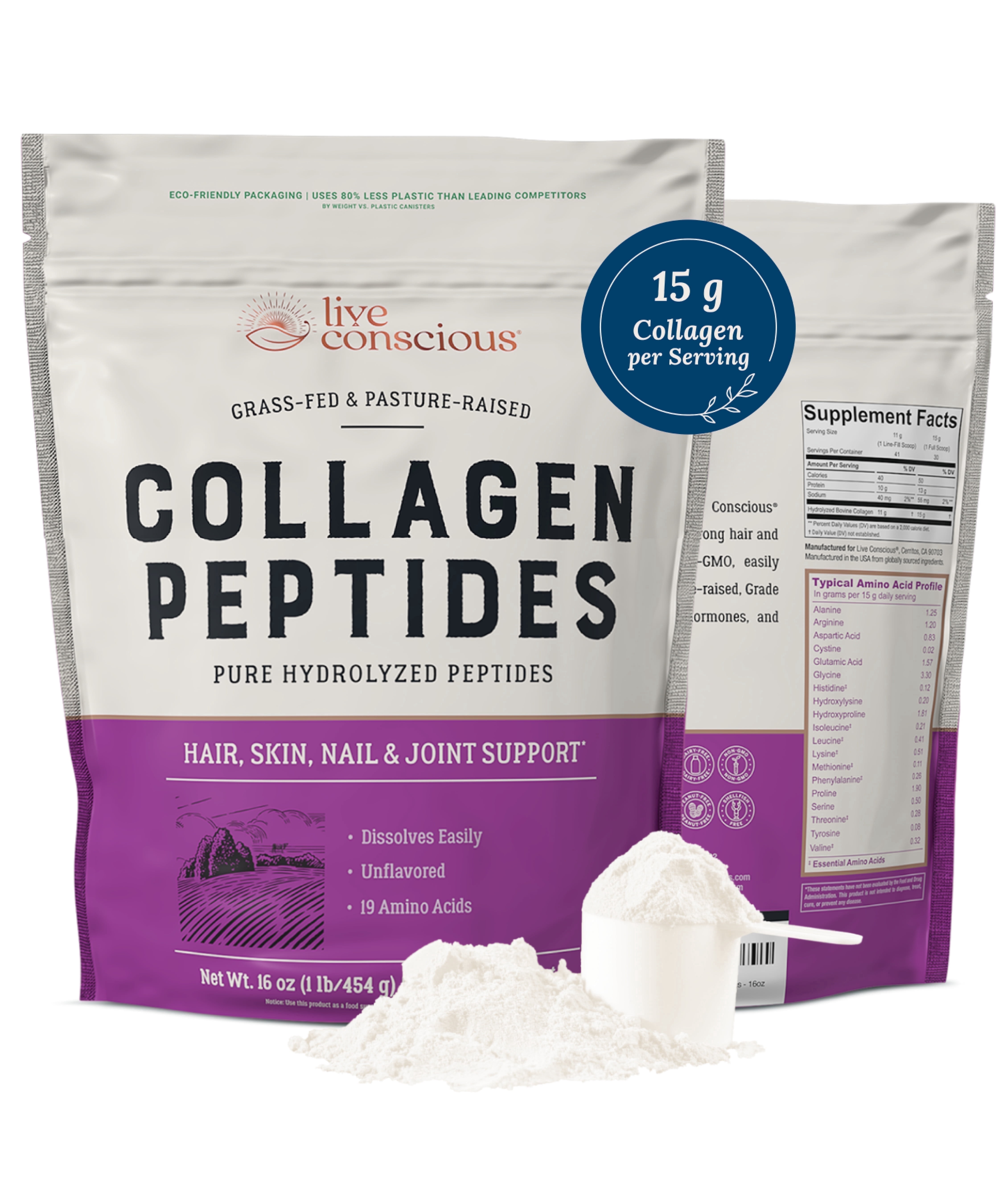 Live Conscious Collagen Peptides Hydrolyzed Powder, 11 g, 30 Servings