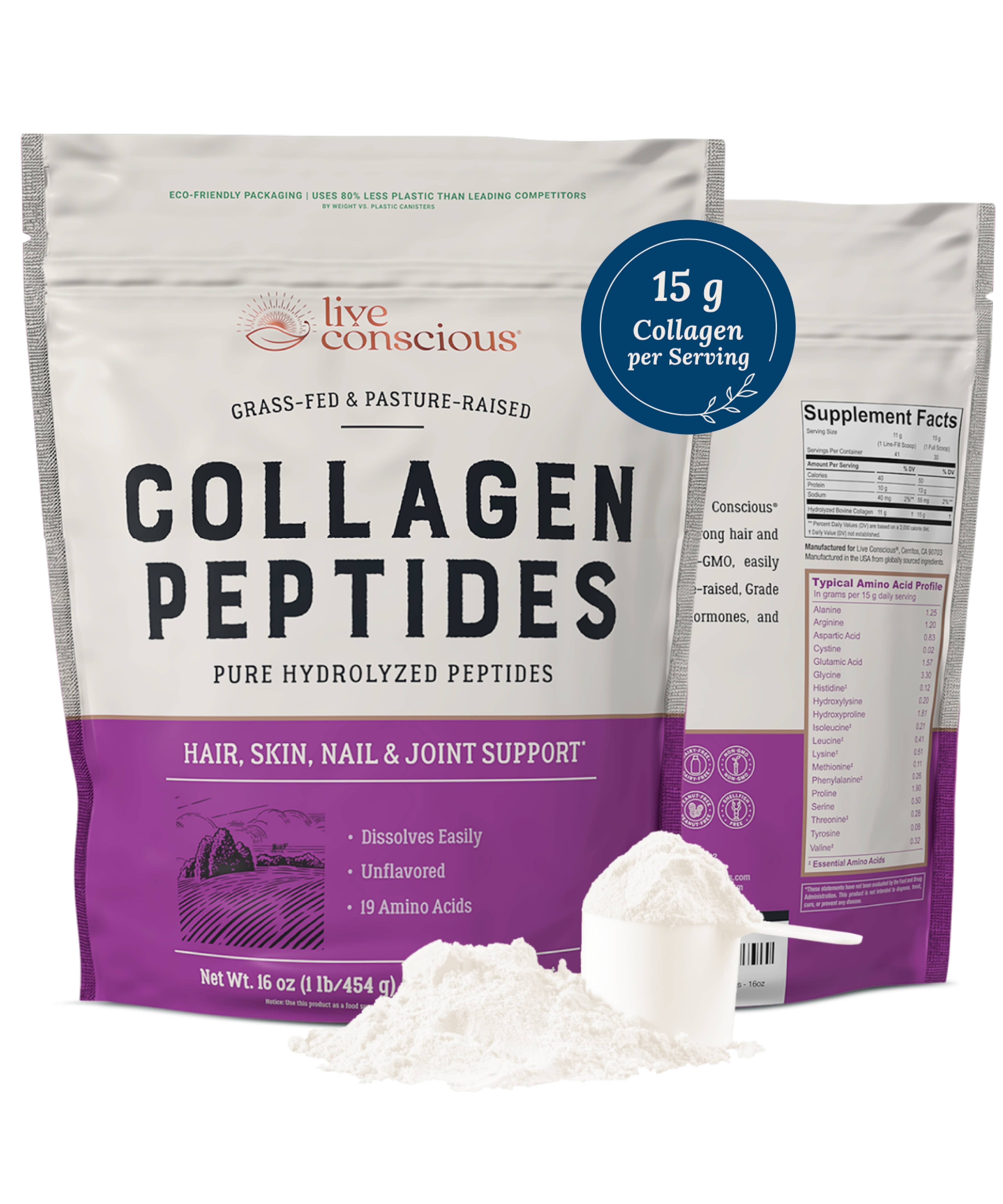 Live Conscious Collagen Peptides Hydrolyzed Powder, 11 g, 30 Servings