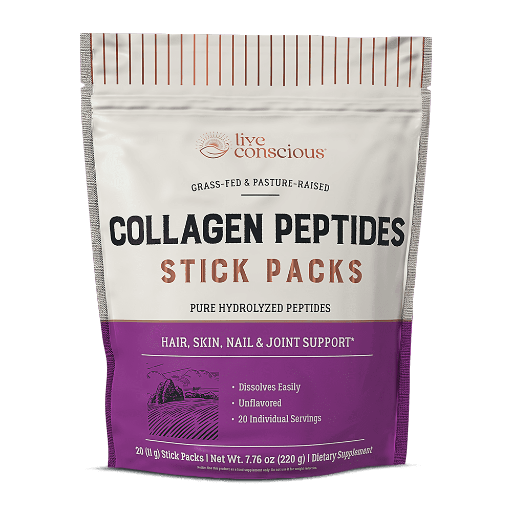 Live Conscious Collagen Peptides Packets - Hydrolyzed Collagen Packets To Go - Grass-Fed Collagen for Women & Men - Biotin and Collagen with Vitamin C - Hair Skin Nail & Joint Support (20 Pack)