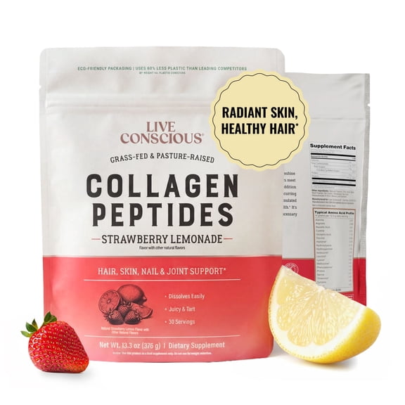 Live Conscious Collagen Peptides - Strawberry Lemonade - Hair, Skin, Nail & Joint Support - Type I & III Grass-Fed - 30 Servings
