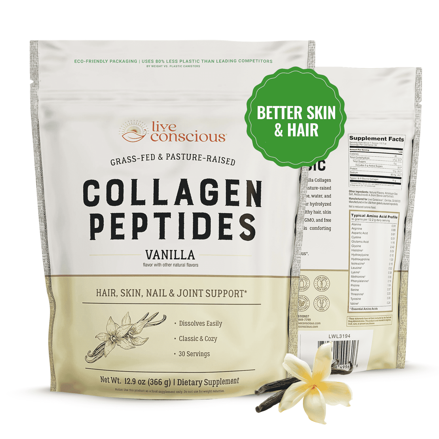 Live Conscious Collagen Peptides Powder, Vanilla Flavor, Grass-Fed Types I & III, Hair Skin Nail & Joint Support, 30 Servings, 12.9 oz
