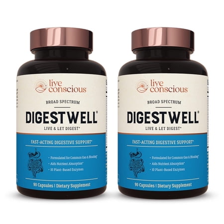 Live Conscious DigestWell Digestive Enzymes, Probiotic & Botanical Formula for Adults — Gas & Bloating Support, 90 Capsules (2-pack)