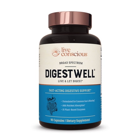 Live Conscious DigestWell Digestive Enzymes with Bromelain, Probiotic & Herbal Formula, for Men and Women, 90 Ct