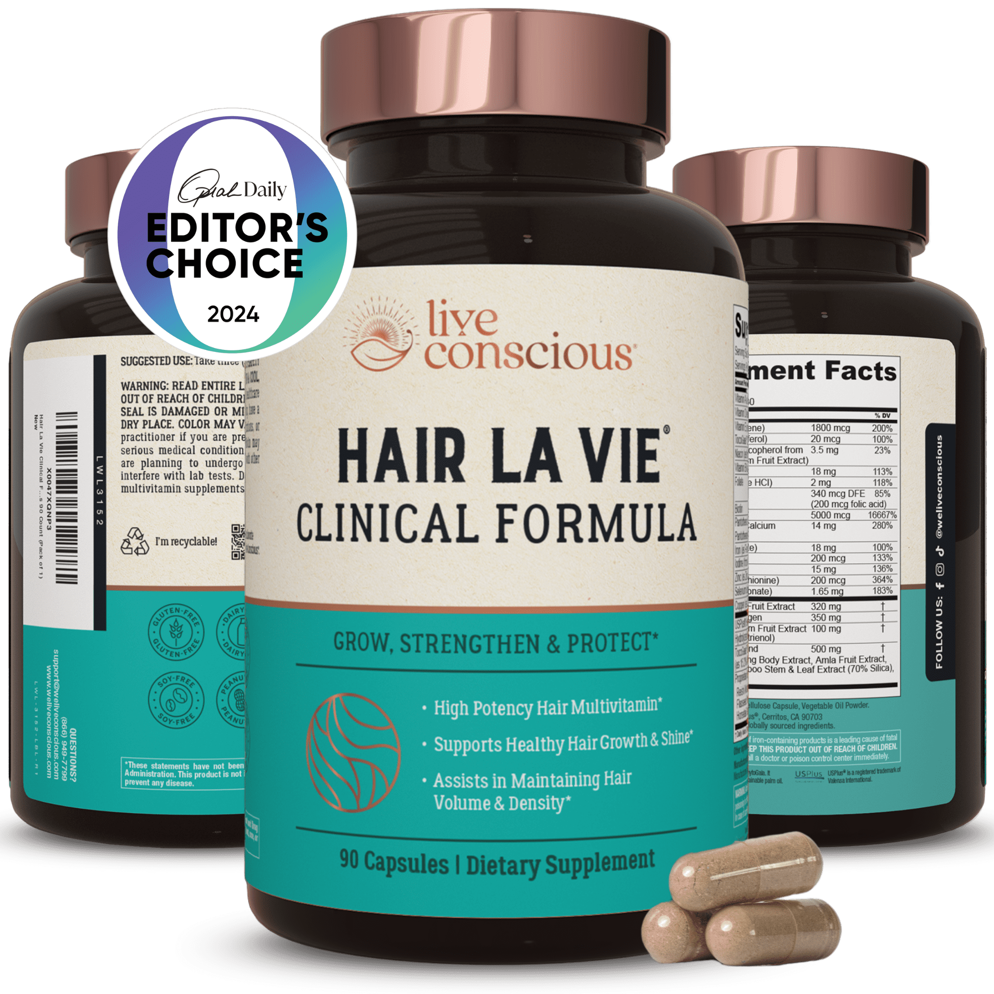 Live Conscious Hair La Vie Clinical Formula Hair Vitamins for Hair Regrowth, 90 Caps