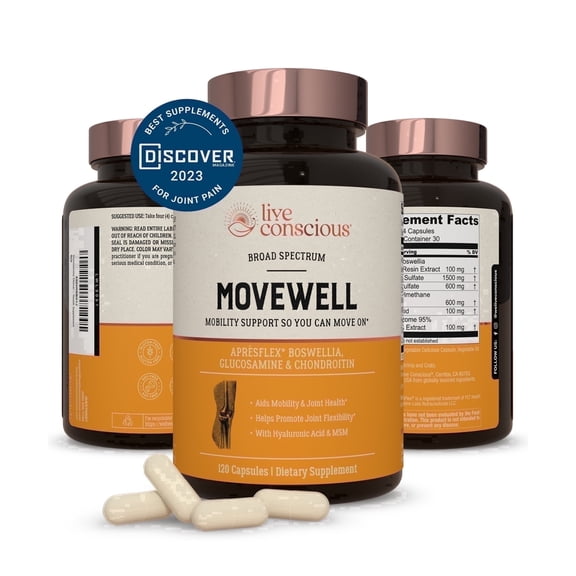 Live Conscious MoveWell Joint Support Supplement for Adults - Glucosamine Chondroitin with MSM, Hyaluronic Acid & ApresFlex Boswellia - 90 Capsules
