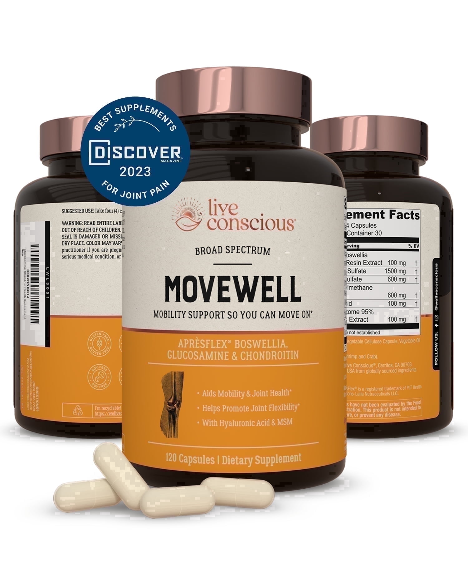 Live Conscious MoveWell Joint Support Supplement for Adults - Glucosamine Chondroitin with MSM, Hyaluronic Acid & ApresFlex Boswellia - 90 Capsules