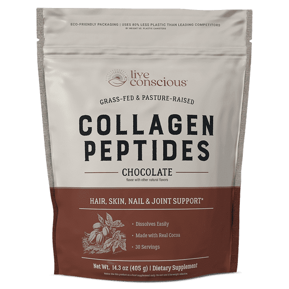 Live Conscious Collagen Peptides Powder, Chocolate, Grass-Fed Types I & III, Skin, Hair, Nails & Joint Support, 30 Servings