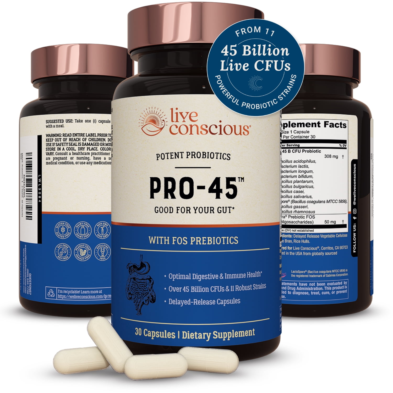 Live Conscious Pro-45 Probiotics for Digestive Health 45 Billion 