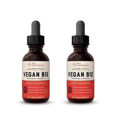 Live Conscious Vegan B12 Methylcobalamin Sublingual Drops, Vitamin B12 Supplement, 5000 Mcg, 60 Servings (2-pack)