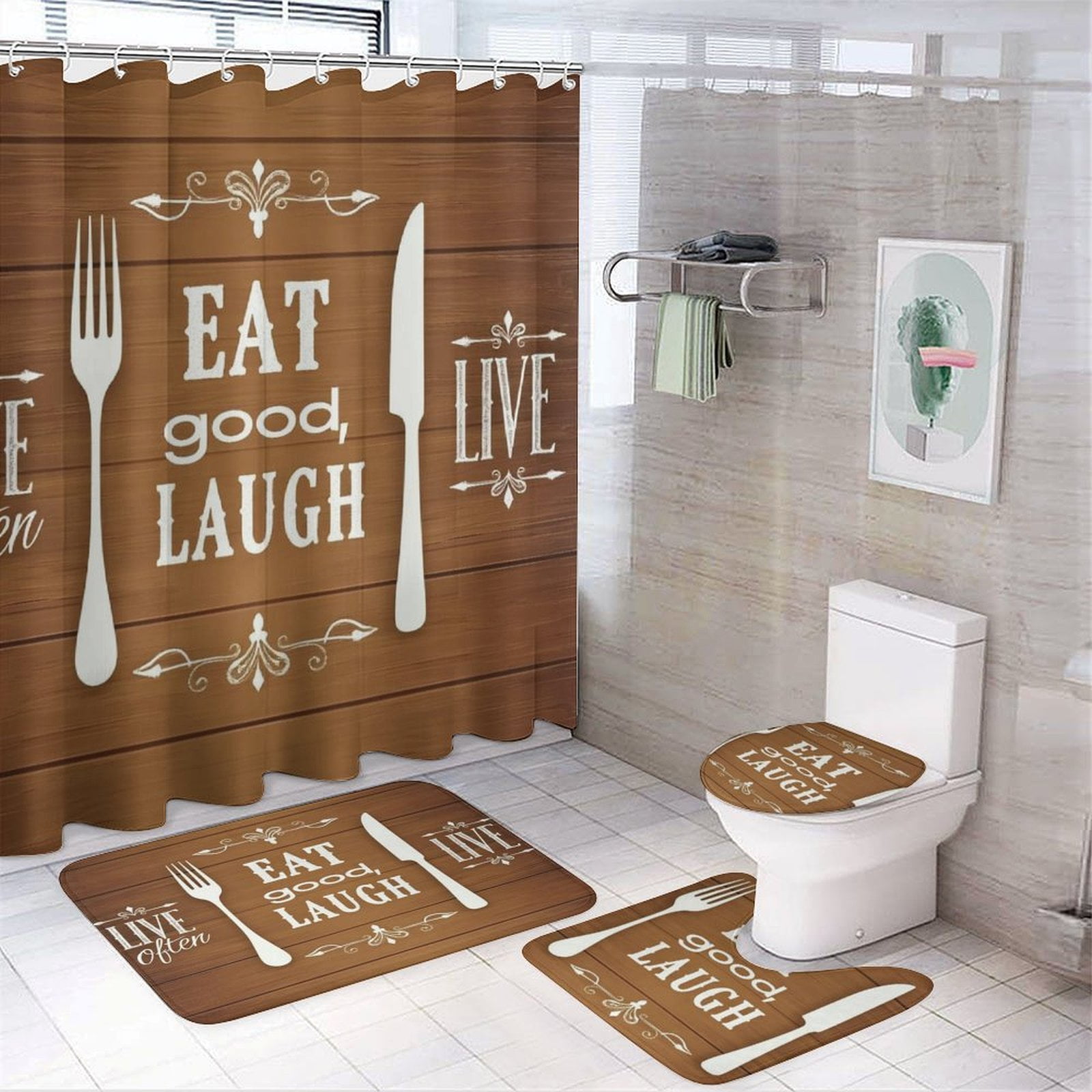 Live Eat Laugh Art Print Shower Curtain Waterproof Bathroom Curtain Set with Hooks Home Decor Bathroom Curtains 4pcs